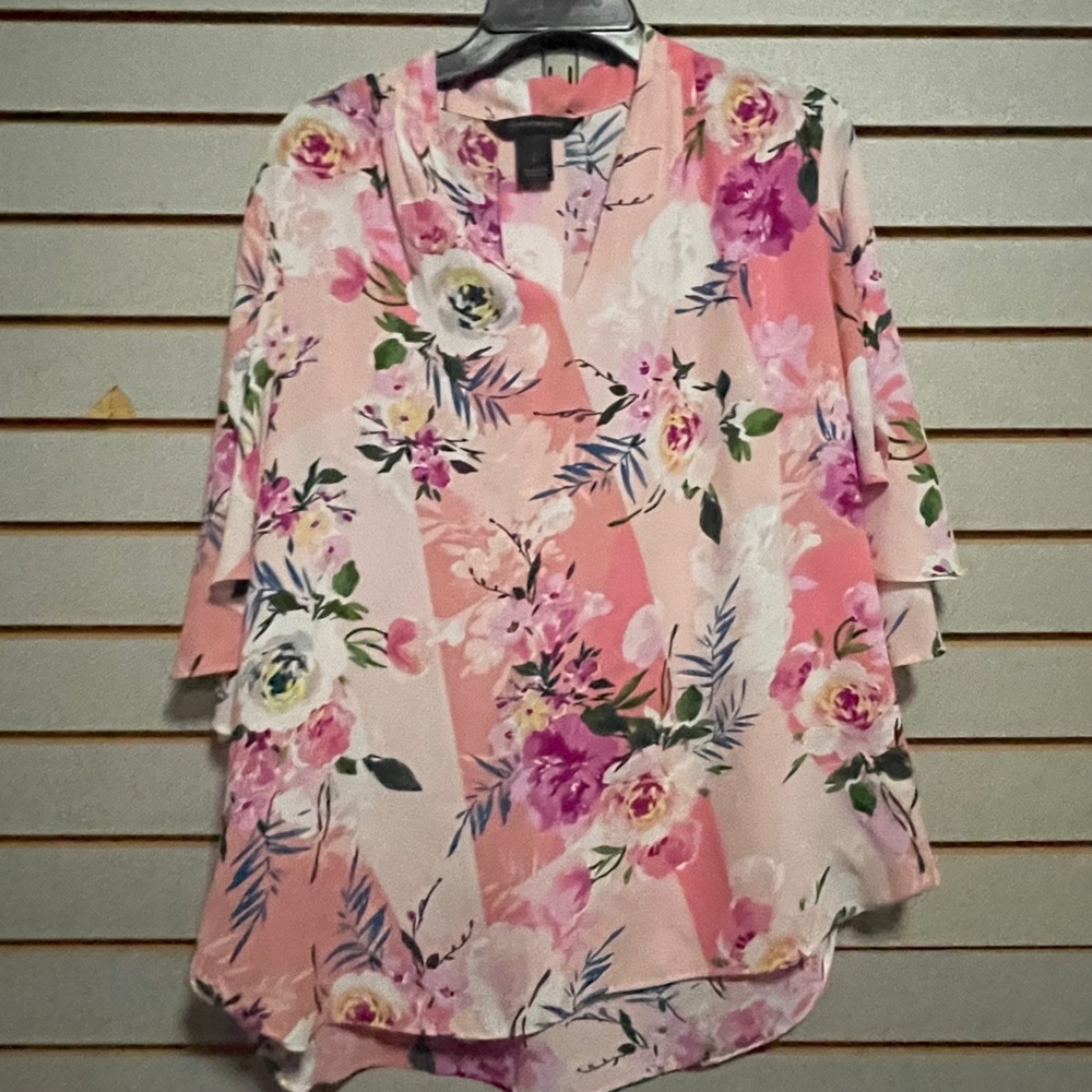 Romantic Flowy Fairy Pink Floral V-Neck Tiered Ruffle Sleeve Blouse Top‎ Large